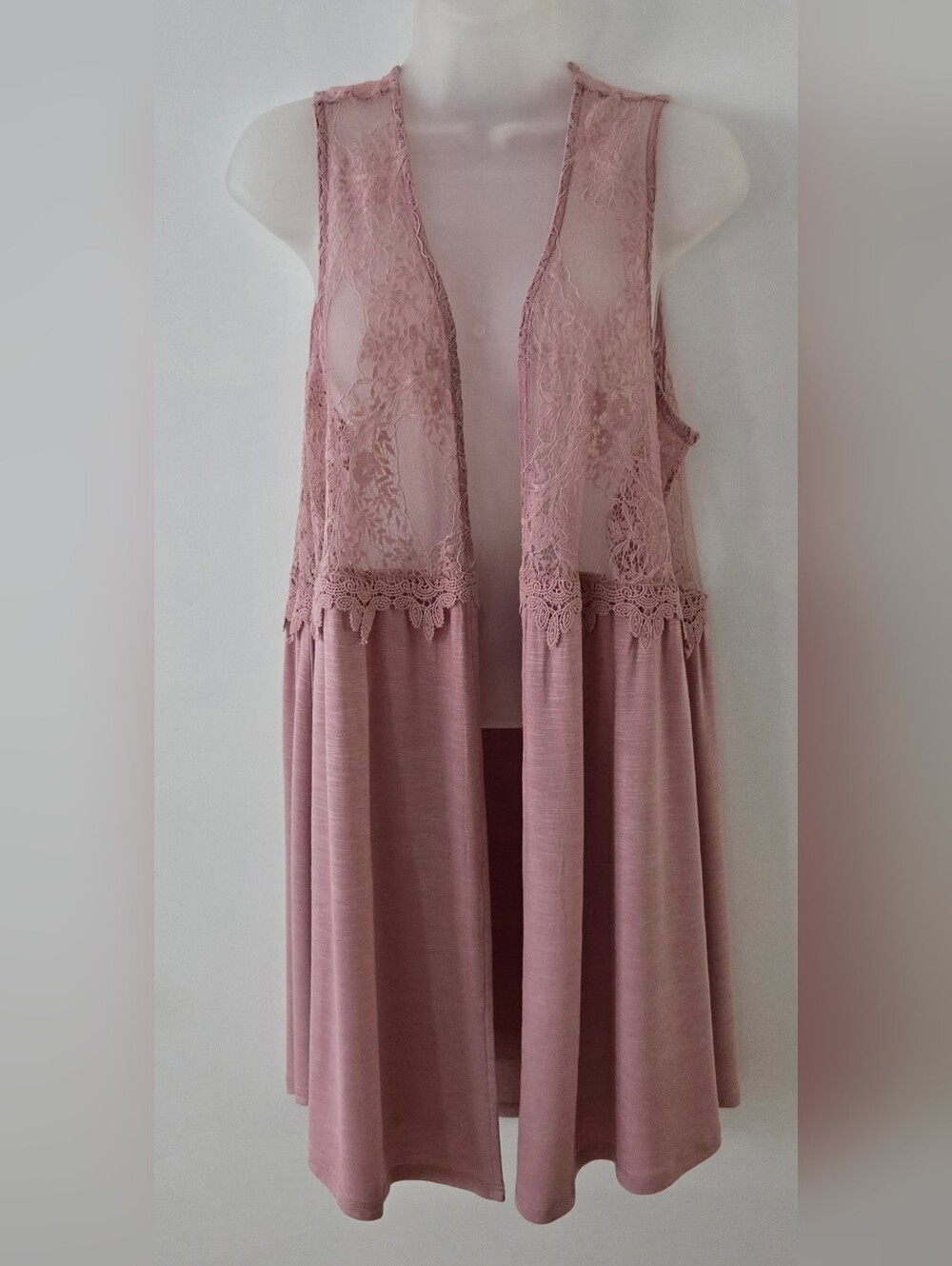 Cato Cardigan Vest Dusty Rose Pink Crochet Lace Open Front Sz Medium Euc